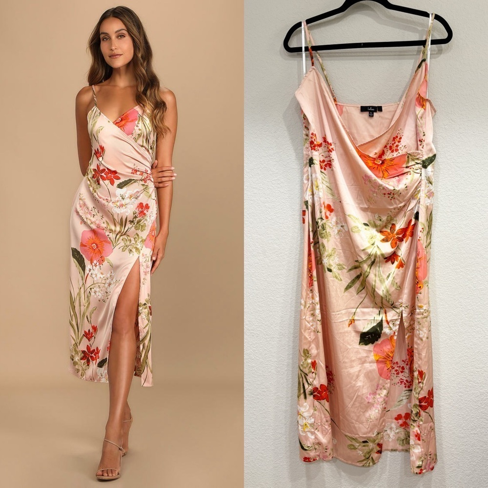 Lulu's Pink Floral Midi Slip Dress with Orange & Green Accents
